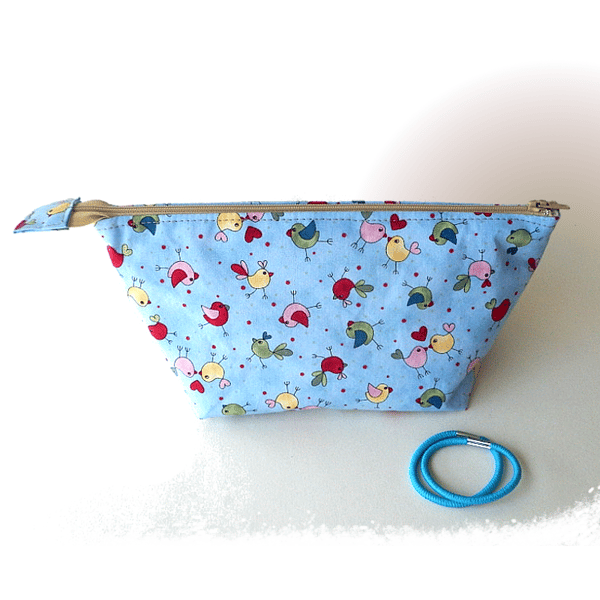 Colourful birds on wide zipped pouch, make-up bag, small