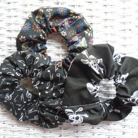 Pack of 3 Scrunchies Skulls Notes & Day Of Dead.