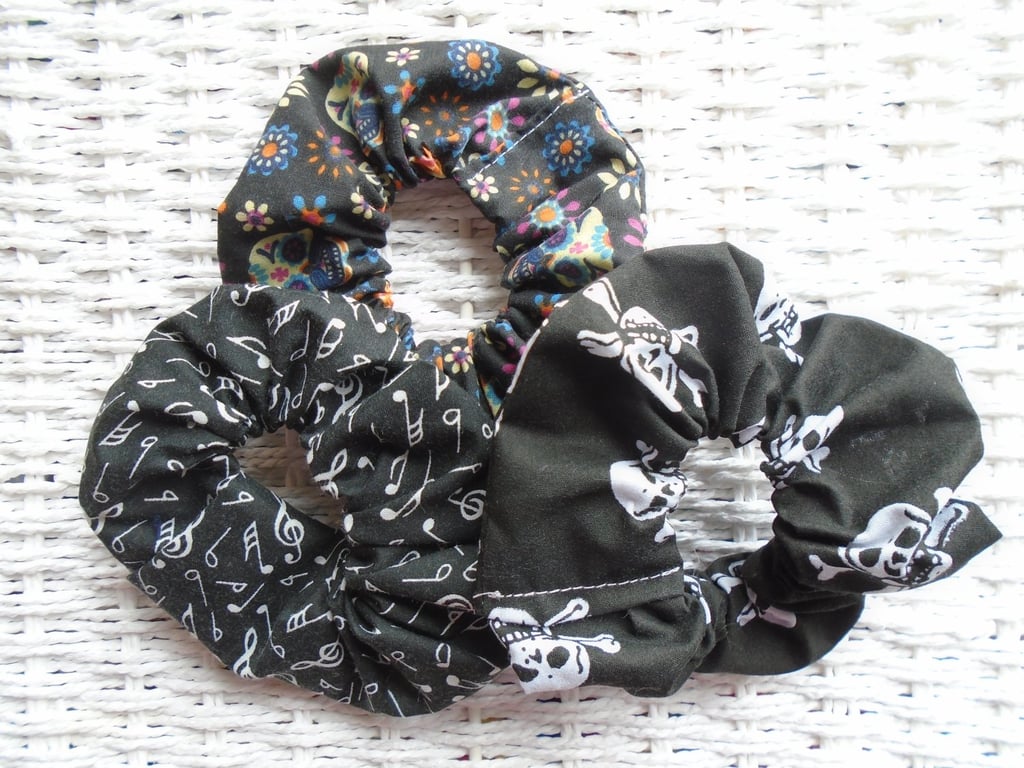 Pack of 3 Scrunchies Skulls Notes & Day Of Dead.