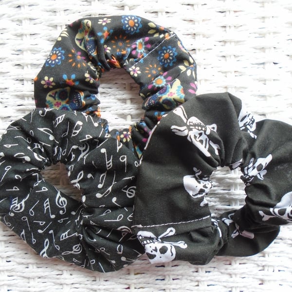 Pack of 3 Scrunchies Skulls Notes & Day Of Dead.