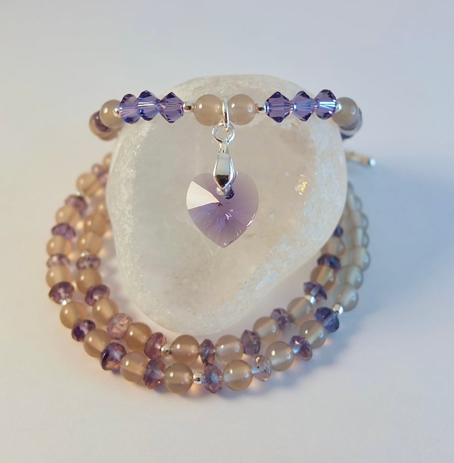 Iolite & Agate Necklace With Crystal Heart, Anniversary, Birthday, Gifts For Her