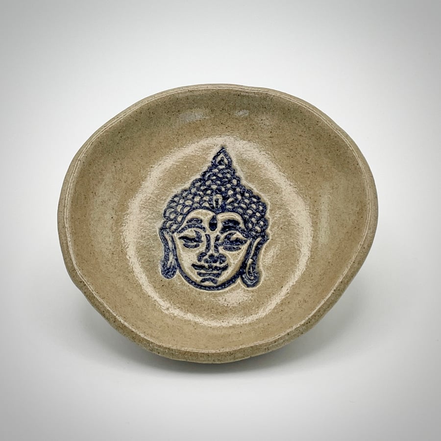 NEW! Stoneware ceramic trinket dish with blue Buddha design