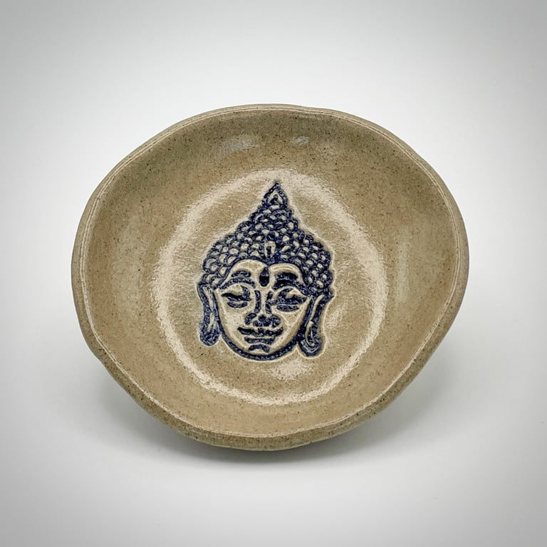 NEW! Stoneware ceramic trinket dish with blue Buddha design