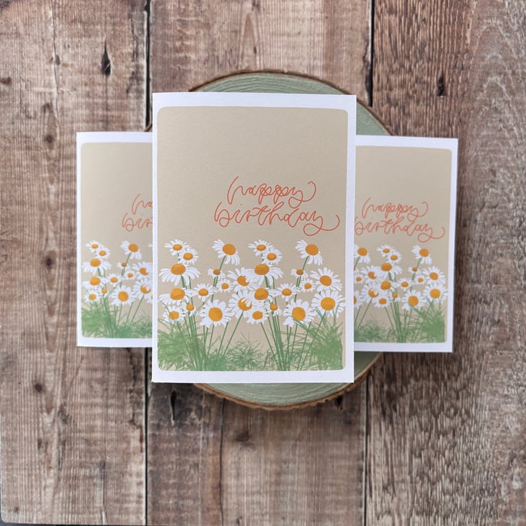 Happy Birthday, Modern Calligraphy, Daisies, Muted Colour Palette, Greeting Card