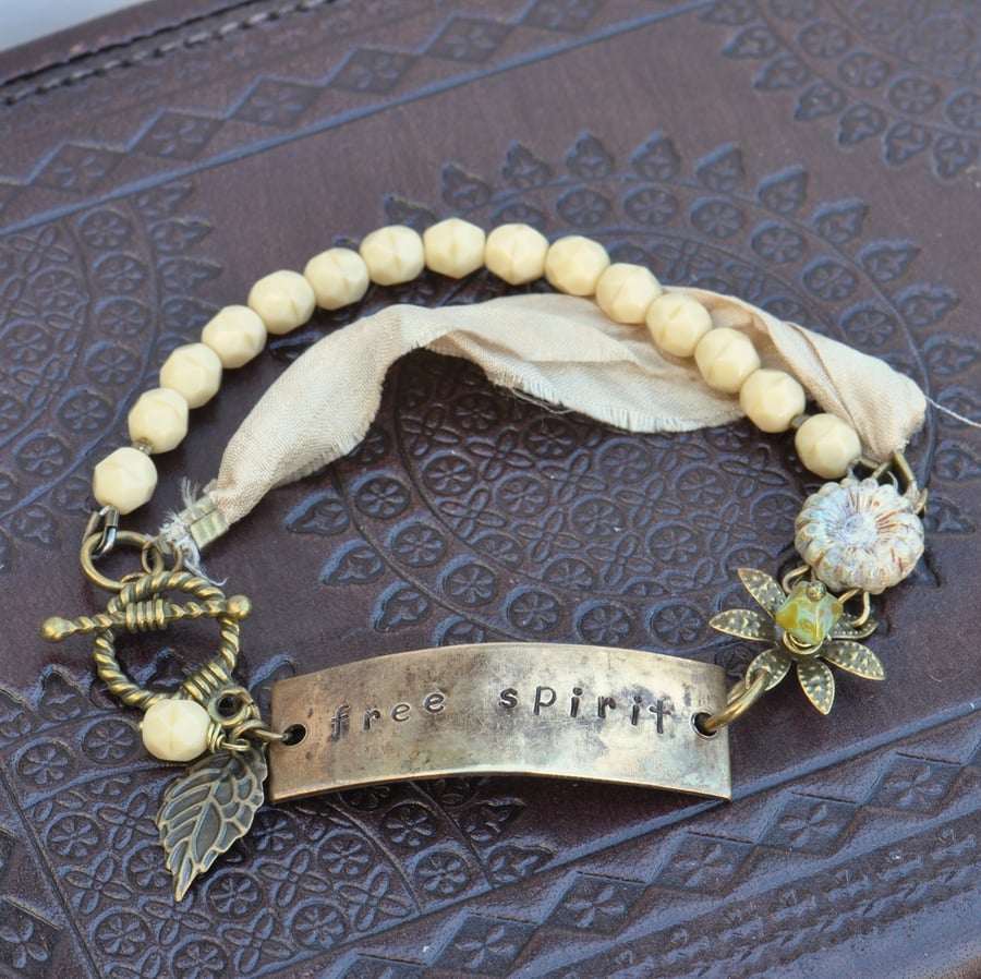 Free Spirit Vintaj Hand Stamped Bracelet with Czech Beads & Sari Silk Ribbon