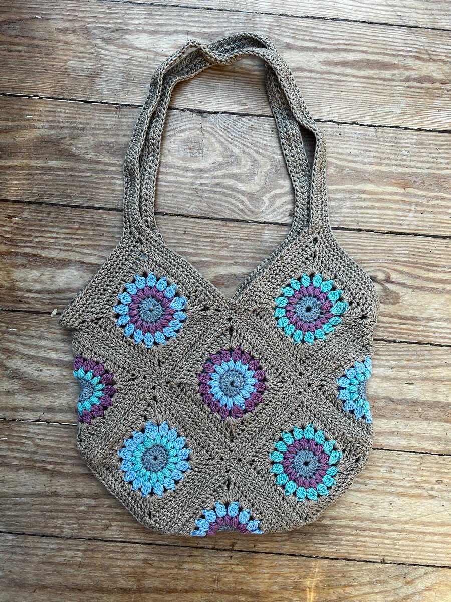 Handmade Vintage Boho Crochet Bag - Latte Flowers
