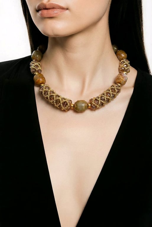 Green Jade Beaded Choker, Gold Plated Clasp, Glass Bead Stations