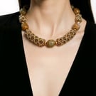 Green Jade Beaded Choker, Gold Plated Clasp, Glass Bead Stations
