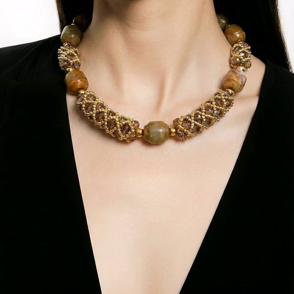 Green Jade Beaded Choker, Gold Plated Clasp, Glass Bead Stations