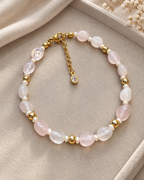 Natural Rose Quartz & Freshwater Pearl Bracelet – 14K Gold Plated Steel