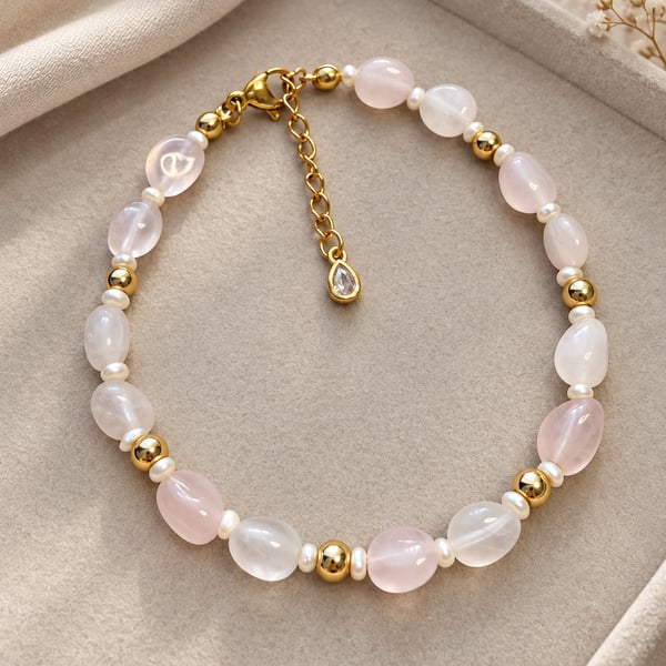 Natural Rose Quartz & Freshwater Pearl Bracelet – 14K Gold Plated Steel