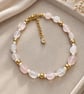 Natural Rose Quartz & Freshwater Pearl Bracelet – 14K Gold Plated Steel