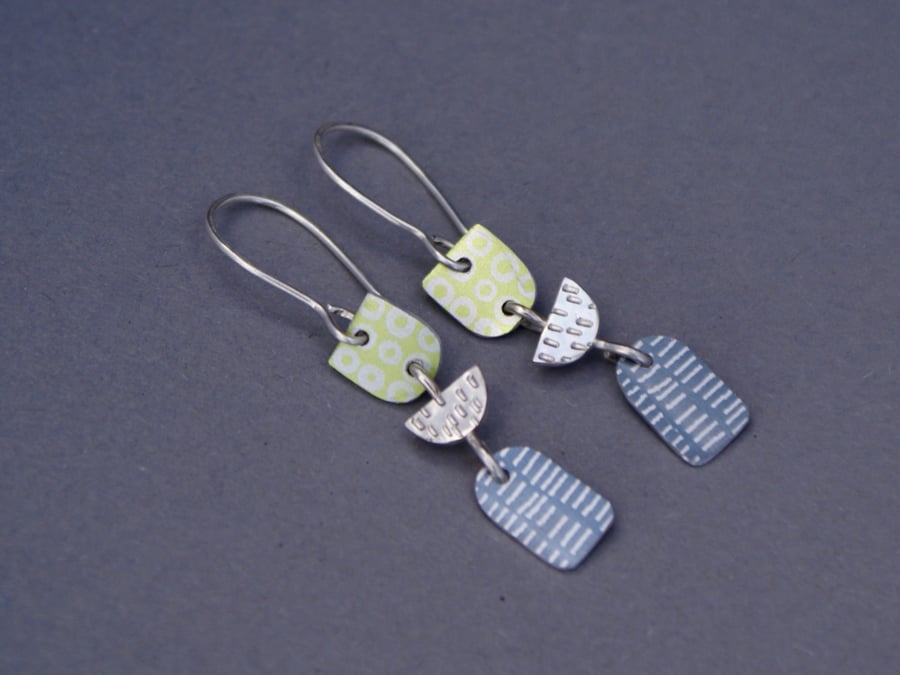 Green, grey and silver dangle earrings