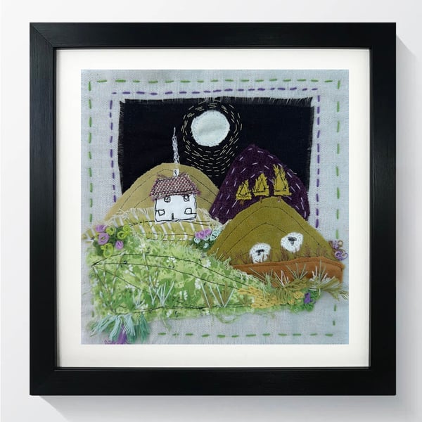 Hand Made Textil Art - Moonlit Hills (19x19cm)