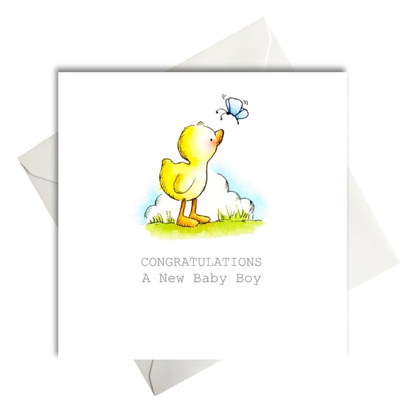 Yellow duck new baby card for baby boy