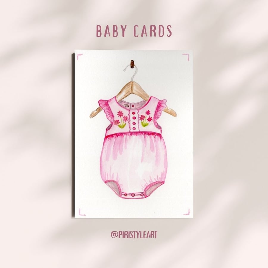 Original Watercolour Baby Girl Card – Hand-Painted Romper Illustration (A6)