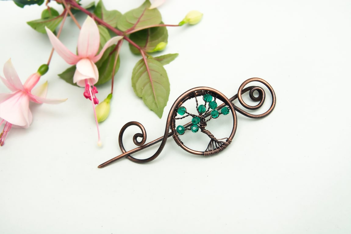Antique copper shawl pin,HandmadeTree of life shawl pin, sweater brooch,