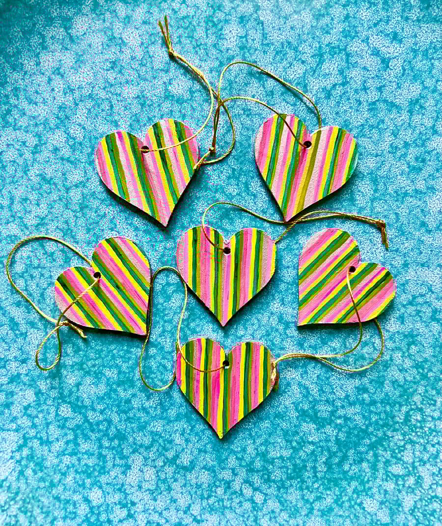 Set of six wooden hand painted Christmas tree rainbow hearts