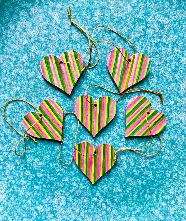 Set of six wooden hand painted Christmas tree rainbow hearts