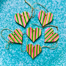 Set of six wooden hand painted Christmas tree rainbow hearts