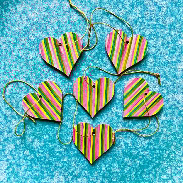 Set of six wooden hand painted Christmas tree rainbow hearts