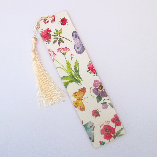 Butterflies and flowers wood decoupage bookmark with tassel