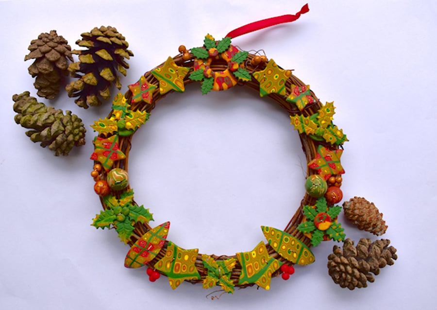 Christmas Wreath Festive Polymer Clay Holly, Stars & Baubles on Rattan - 20cm