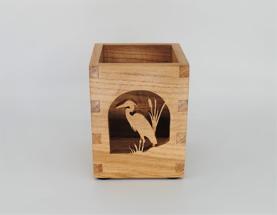 Desk Tidy Pencil Box in Oak Wood - Grey Heron