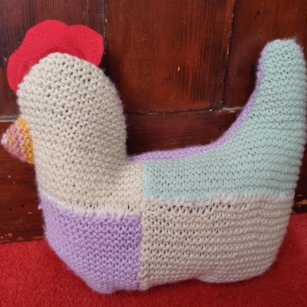 Chicken doorstop! Knitted hen! Patchwork! Upcycled! 