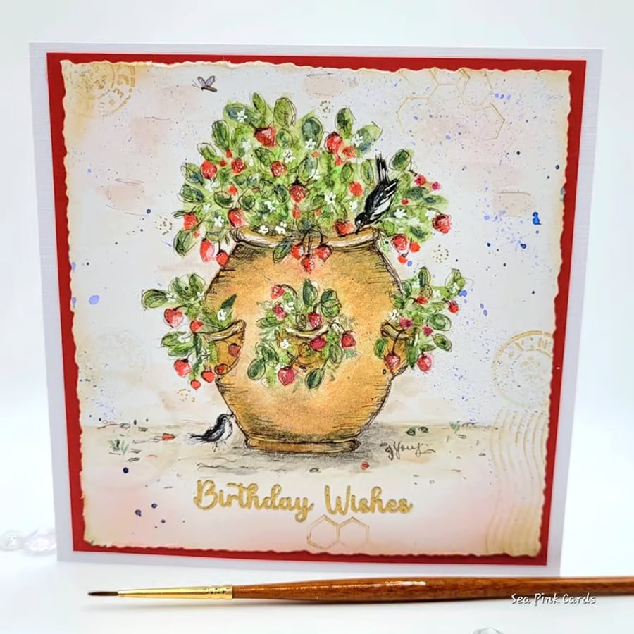 Strawberry Birthday Card - original handpainted, Birds, planter, 