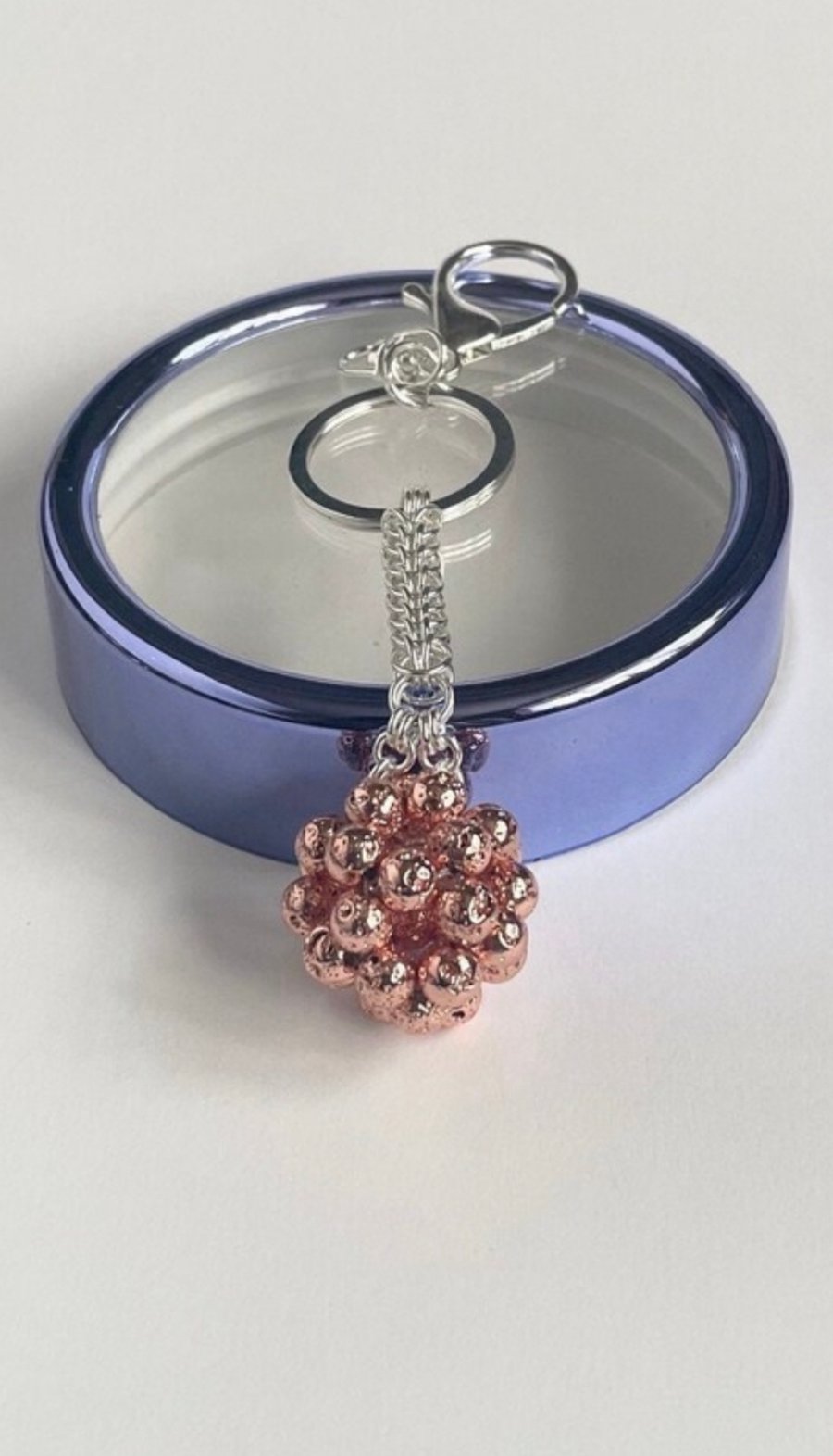 Handbag Charm, Initialled, Rose Gold Lava Beads Orb, Keyring 