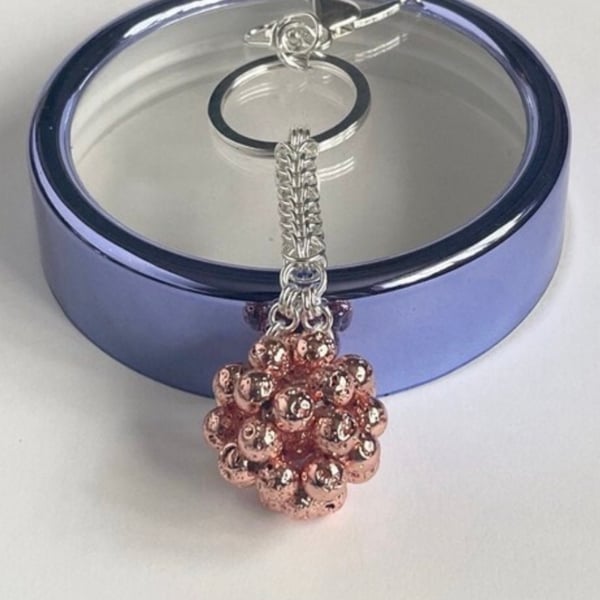 Handbag Charm, Initialled, Rose Gold Lava Beads Orb, Keyring 