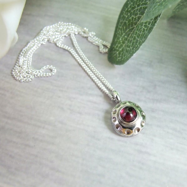 Garnet Necklace. Sterling and Recyced Silver Dainty Pendant. January Birthstone