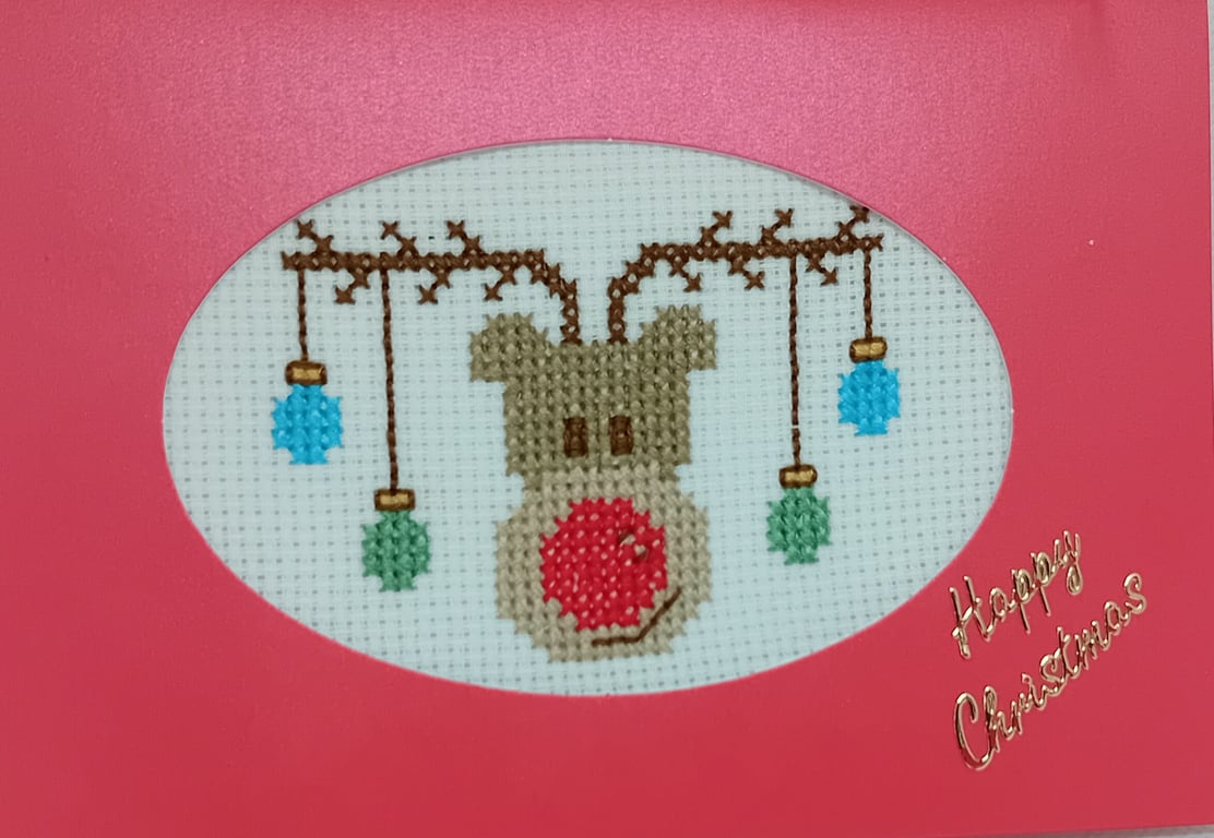 Handmade Christmas Greetings Card with Envelope - Cross Stitch
