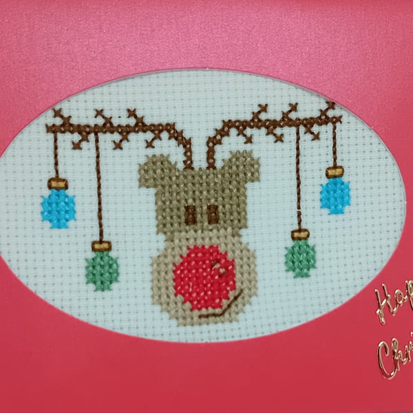 Handmade Christmas Greetings Card with Envelope - Cross Stitch