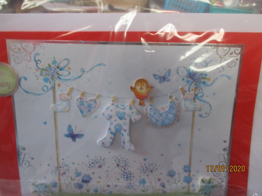 New Baby Boy's Clothes on Washing Line Card