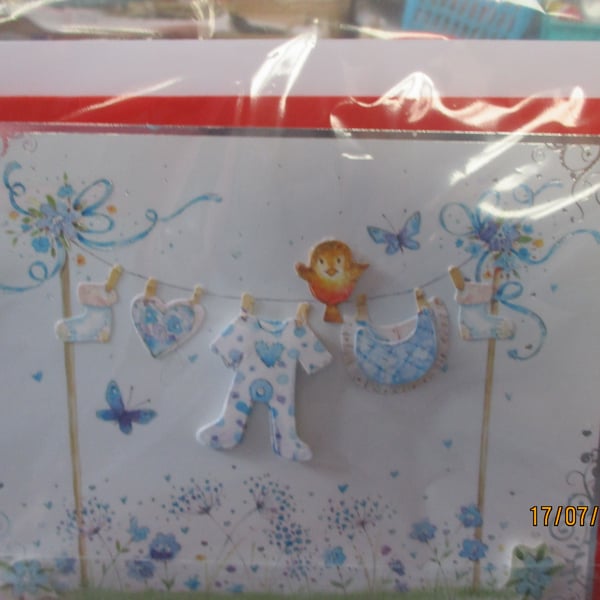 New Baby Boy's Clothes on Washing Line Card