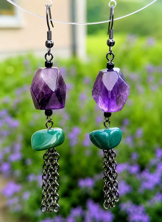 Playful Amethyst & Green Agate Tassel Earrings in Antique Black