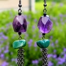 Playful Amethyst & Green Agate Tassel Earrings in Antique Black