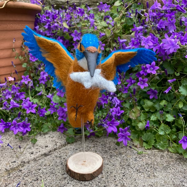 Kingfisher in flight, catching a fish, needle felted woollen bird sculpture