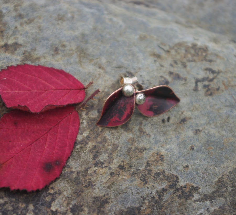  Copper Leaf and Silver Berry Stud Earrings