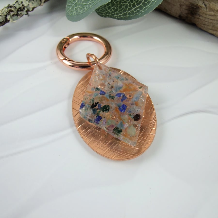 Keyring,  Copper, Crushed Gemstone in Resin Bag Charm 