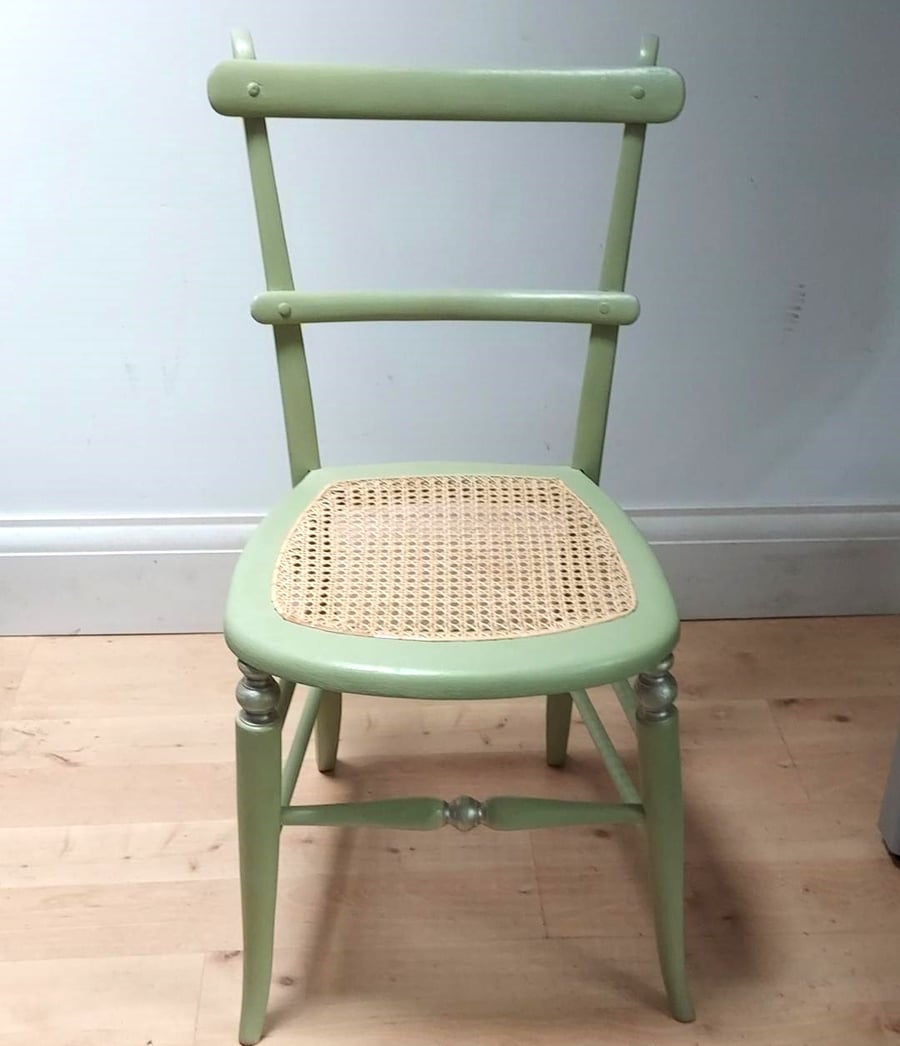 Antique chair in pale green chalk paint, re-caned seat, upcycled