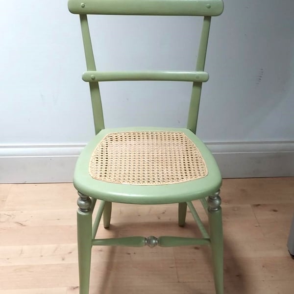 Antique chair in pale green chalk paint, re-caned seat, upcycled