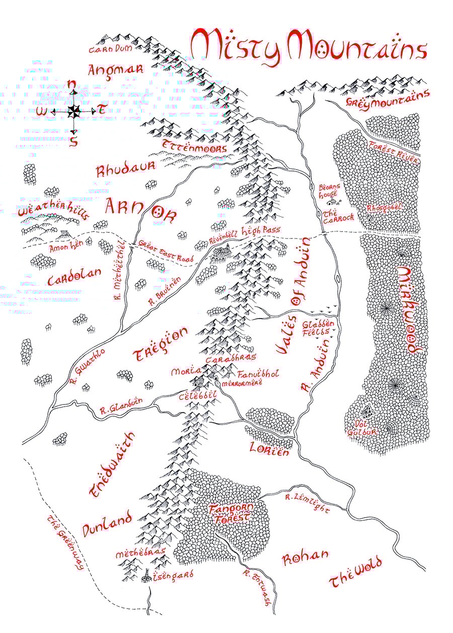 Map of The Misty Mountains Hand Drawn Tolkien Style Map Artwork