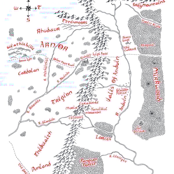 Map of The Misty Mountains Hand Drawn Tolkien Style Map Artwork