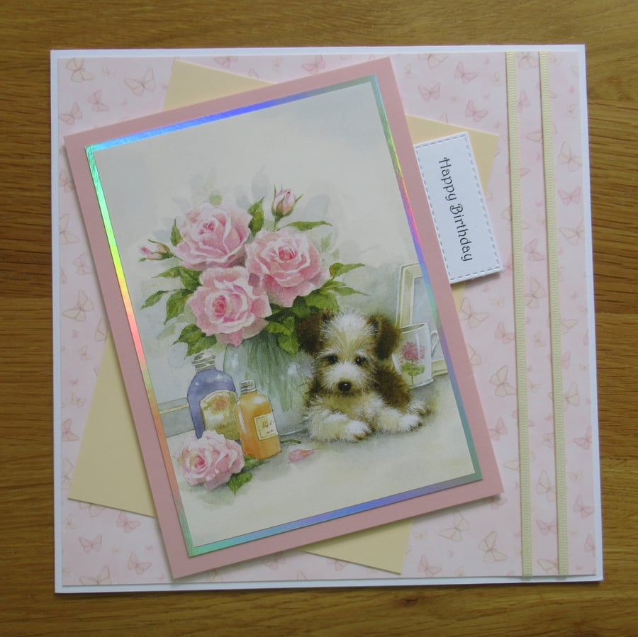 Puppy & Flowers - Large Birthday Card (19x19cm)