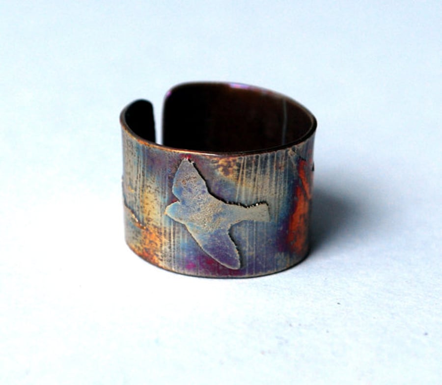 Etched copper bird on wing ring - adjustable size