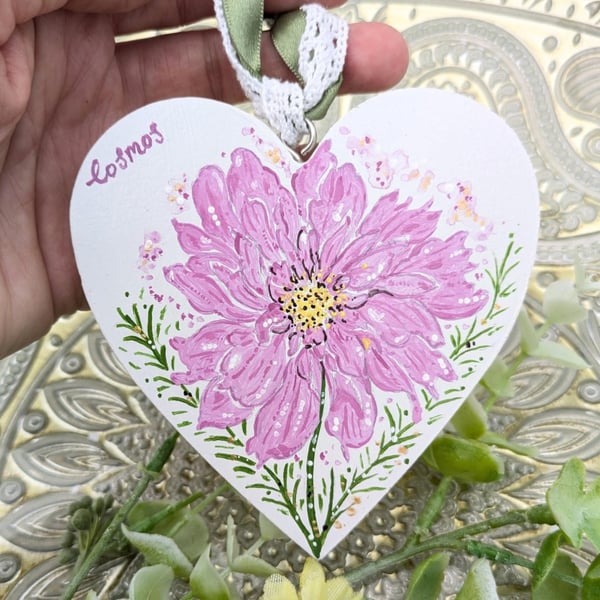 Cosmos hand-painted wooden heart decoration 