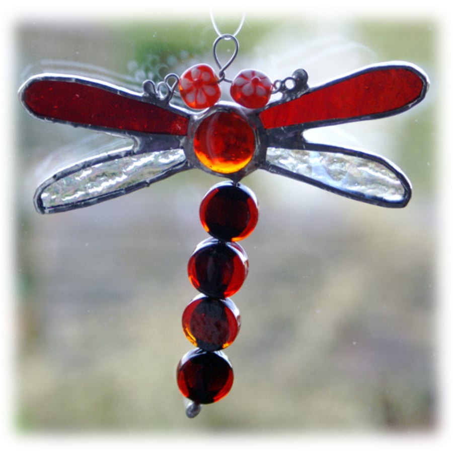 Dragonfly Suncatcher Stained Glass Red  Bead-Tailed  